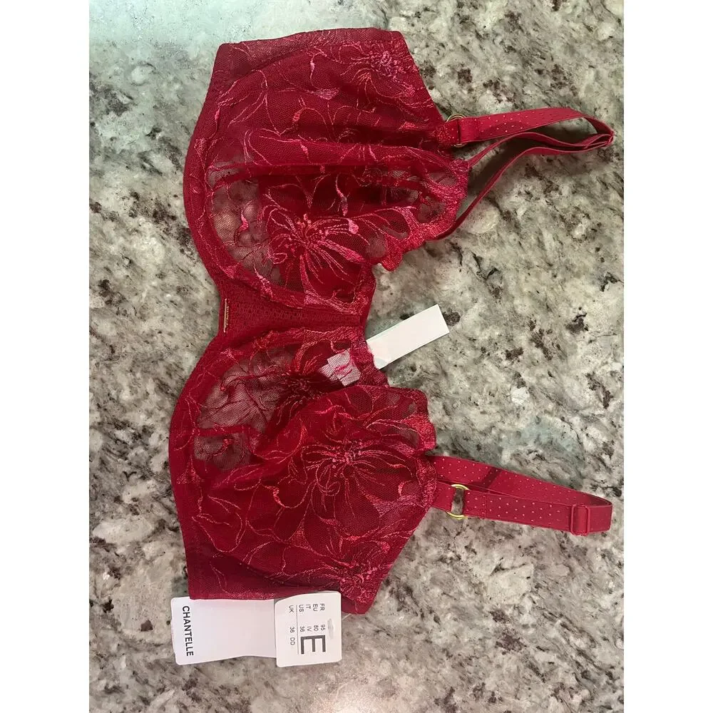 Chantelle $125 Fleur Demi Lace Floral Bra in Red Candy Apple Size 36DD
